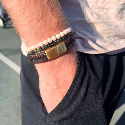 Force armbånd 3 rk. brunt læder fg stål lås 19 cm