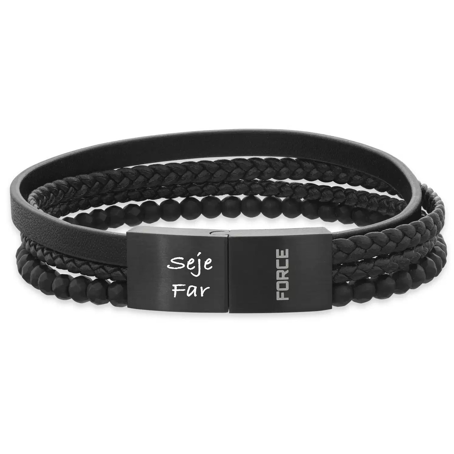 Force armbånd 4 rk sort læder sort stål lås