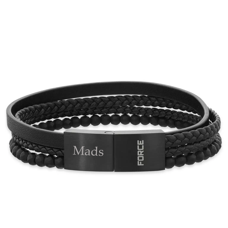 Force armbånd 4 rk sort læder sort stål lås 21 cm