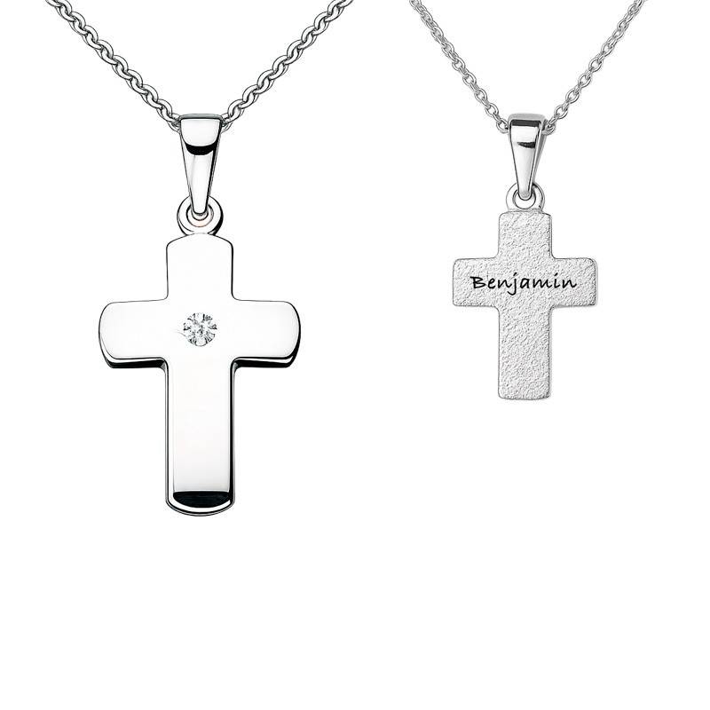 Dahl Kors buet sølv 10 x 15 mm m. zirk. vedhæng inkl. kæde