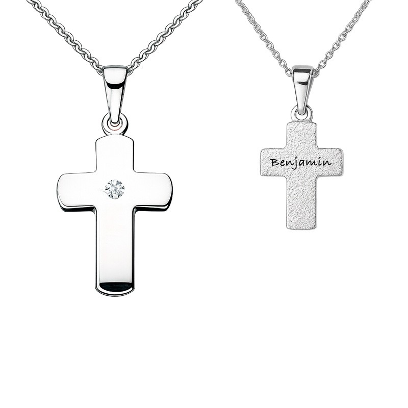 Dahl Kors buet sølv 10 x 15 mm m. zirk. vedhæng inkl. kæde