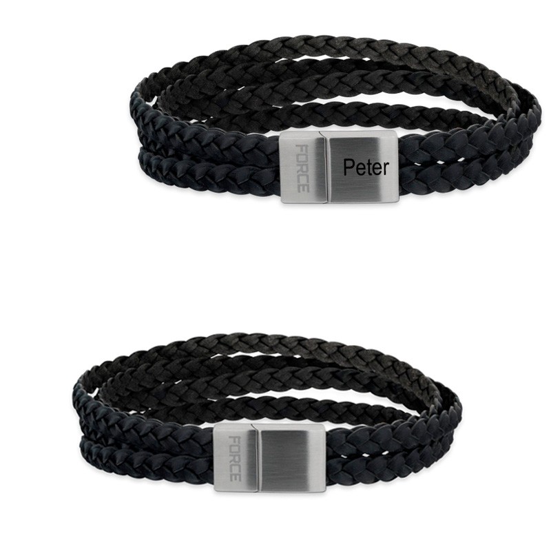 Scrouples FORCE Læderarmbånd sort 3 rækker m. stål rem