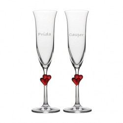 Champagneglas med røde hjerter på stilk - perfekt til bryllup