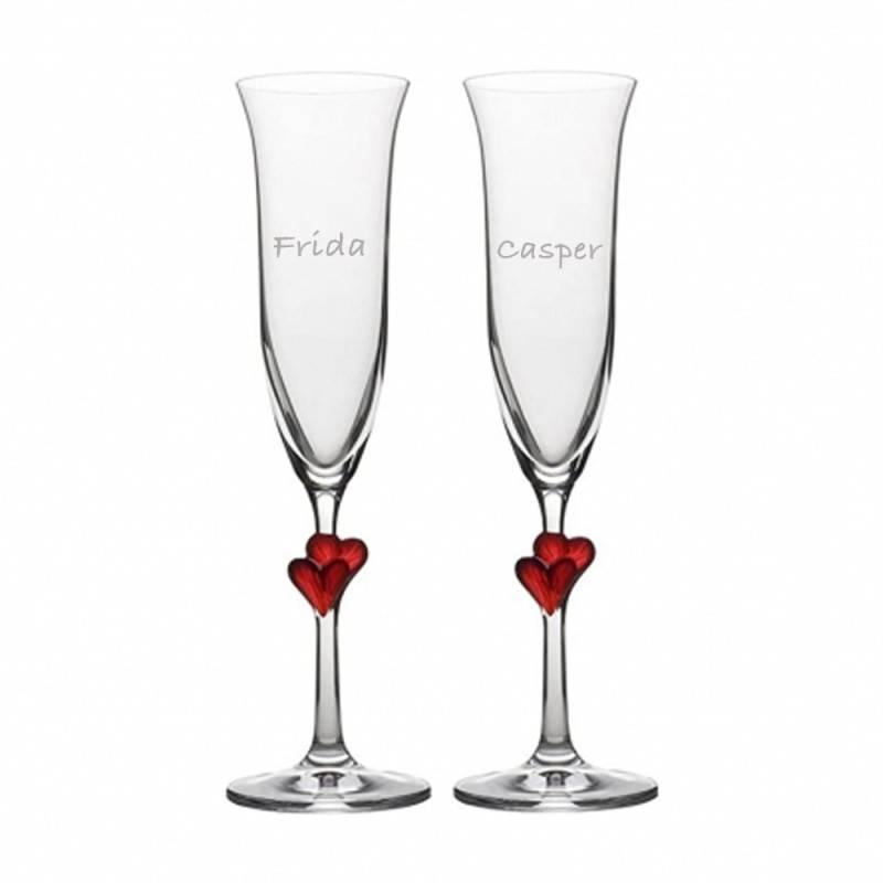 Champagneglas med røde hjerter på stilk - perfekt til bryllup