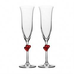 Champagneglas med røde hjerter på stilk - perfekt til bryllup