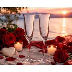 Champagneglas med røde hjerter på stilk - perfekt til bryllup