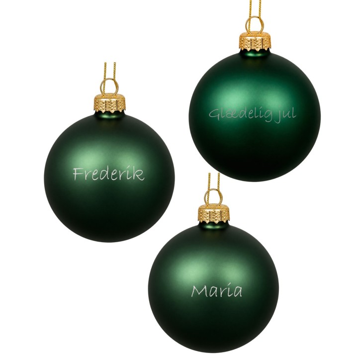 Julekugler med navn til den lille familie, 3 stk. mat grøn
