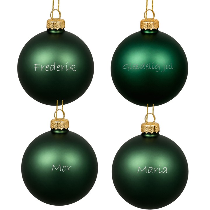 Julekugler med navn til den lille familie, 4 stk. mat grøn
