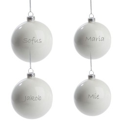 Julekugler med navn til den lille familie, 4 stk. blank hvid