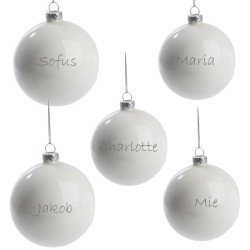 Julekugler med navn til den lille familie, 5 stk. blank hvid