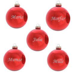 Julekugler med navn til den store familie, 5 stk. blank rød