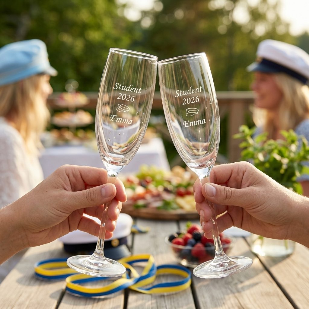 Champagneglas med graveret studenterhue og hendes navn